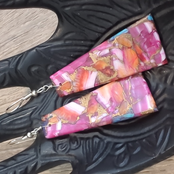 Native American Jewelry - Navajo Pink Dahlia Slab Sterling Silver Earrings